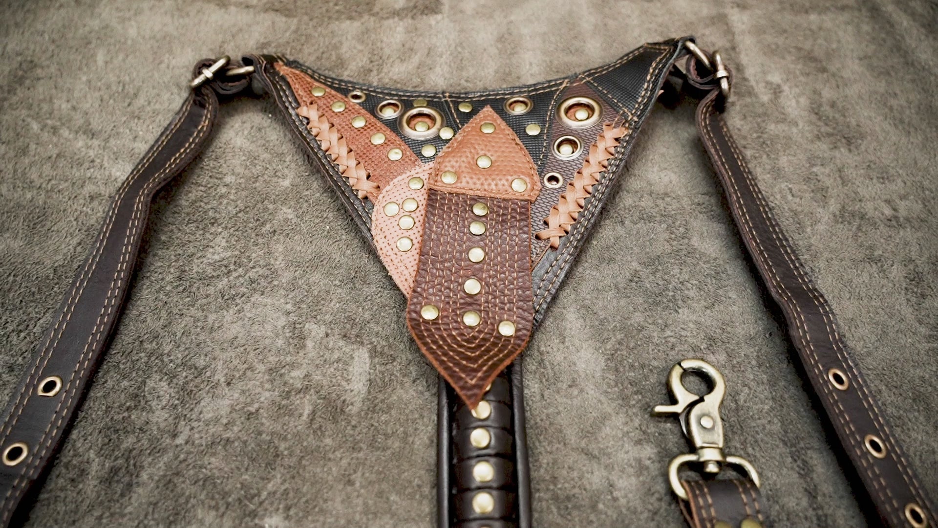 Steampunk leather shoulder harness with double hip bags and adjustable straps