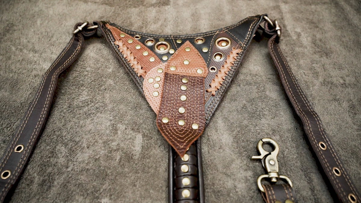 Steampunk leather shoulder harness with double hip bags and adjustable straps