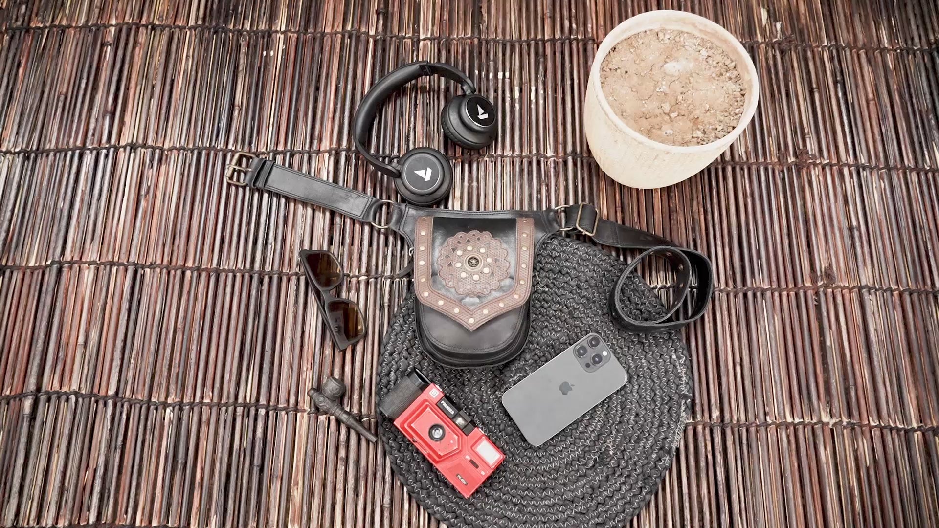 Boho leather hip belt with front pouch