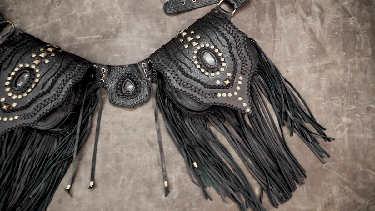 Leather boho belt with natural stone center details