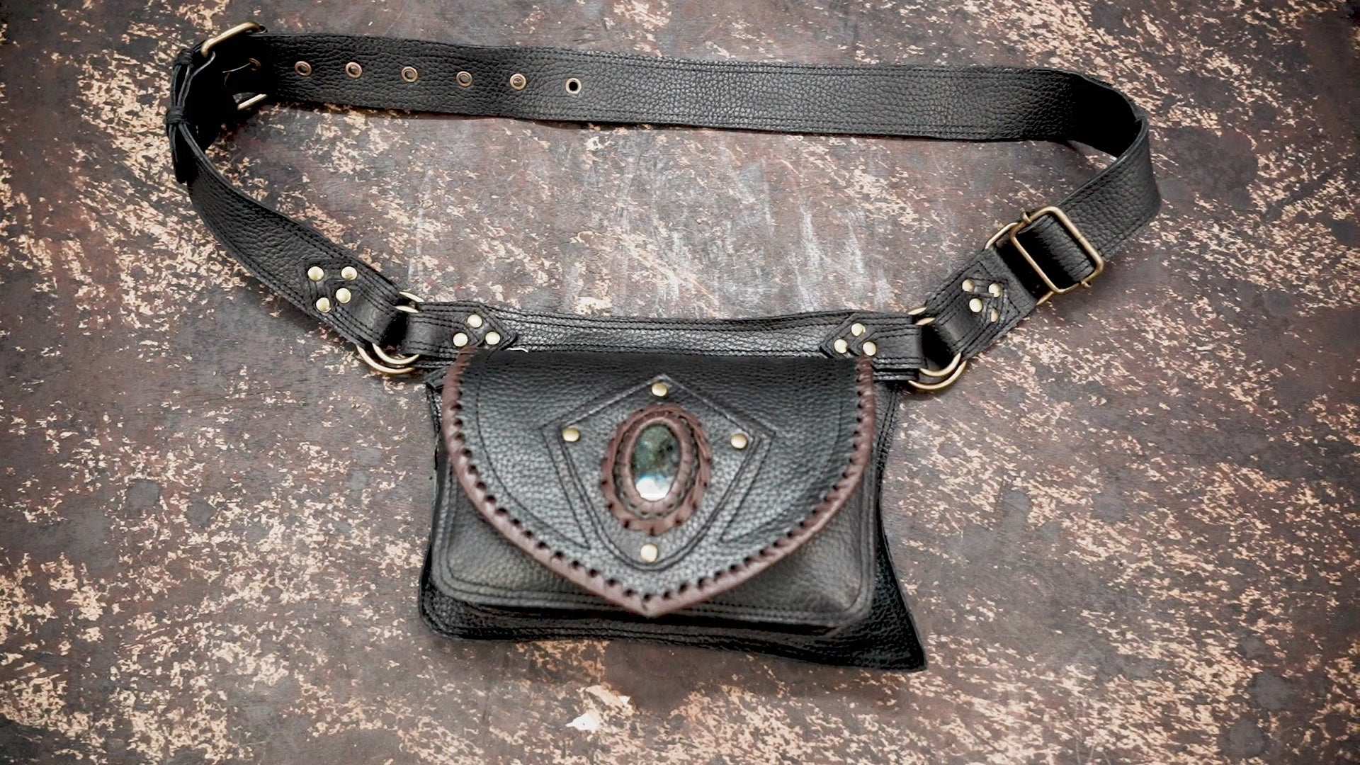 Handmade leather waist belt bag with brass hardware