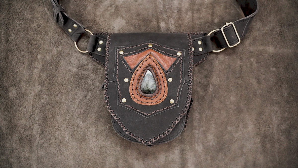 Handcrafted black leather fanny pack with gemstone crystal detail   