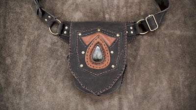 Handcrafted black leather fanny pack with gemstone crystal detail   