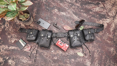 Handmade leather utility belt with four storage pouches