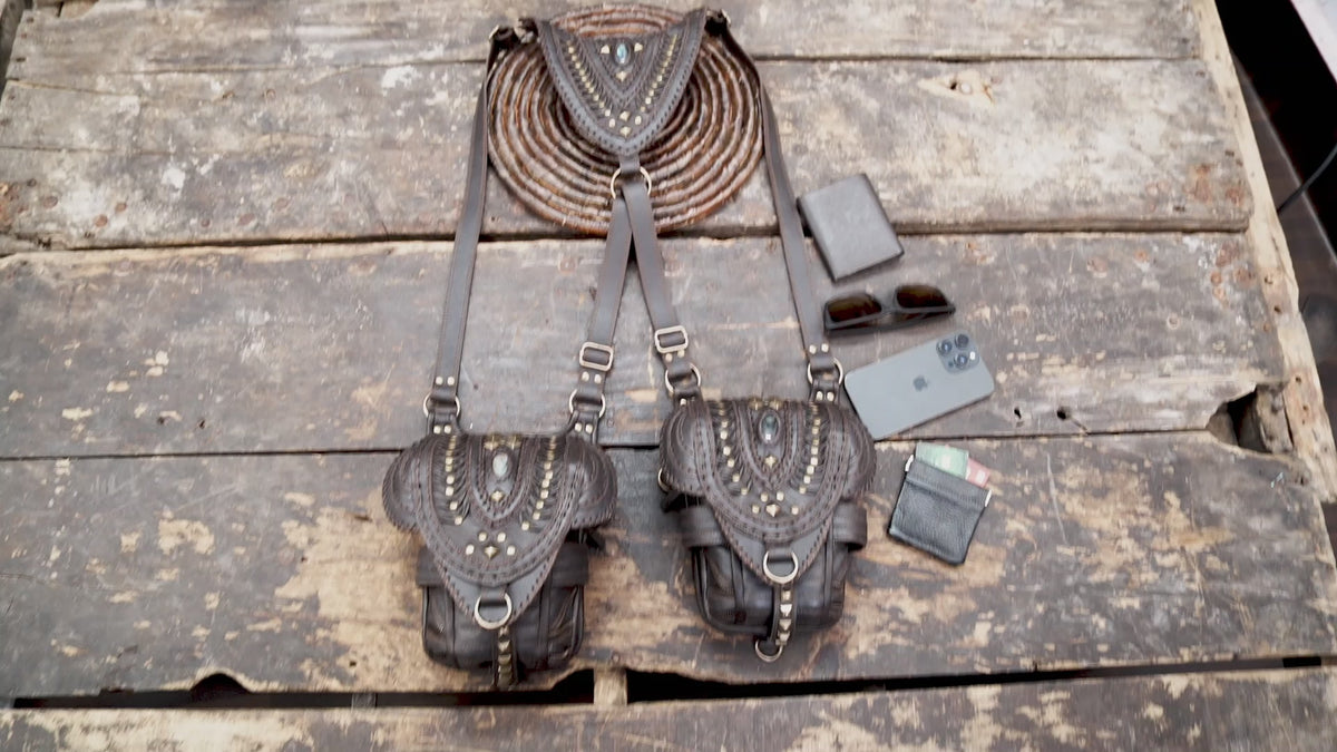 Unisex brown leather bag harness for cosplay festivals and alternative outfits