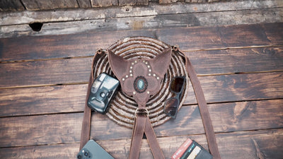 Handmade brown leather double shoulder harness bag for festivals
