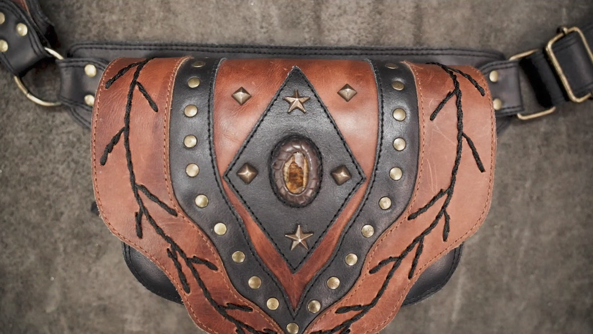 Boho leather hip bag with natural stone accent