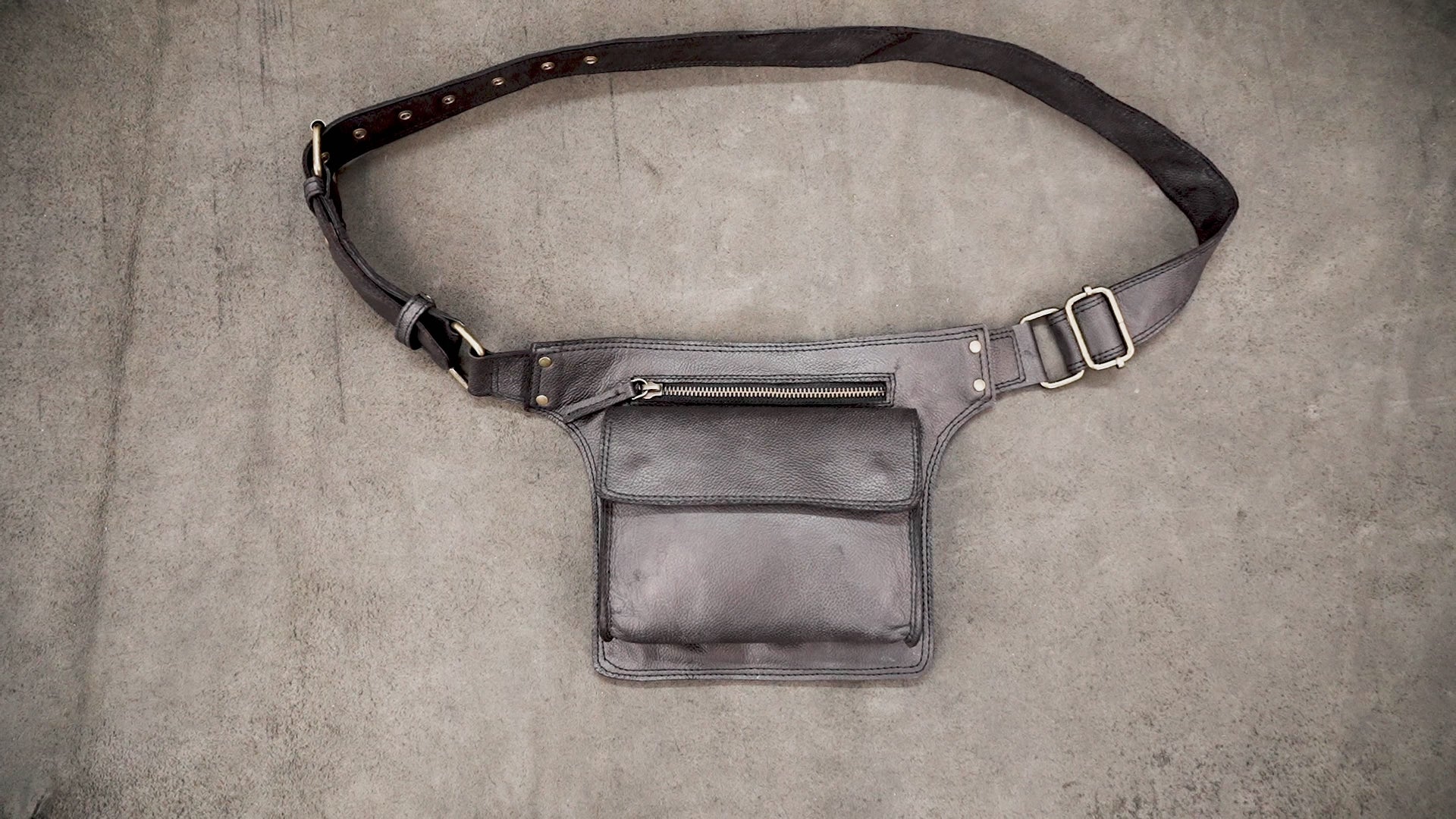 Adjustable Black Leather Hip Bag with Buckle Belt