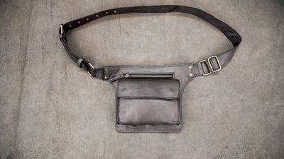Adjustable Black Leather Hip Bag with Buckle Belt
