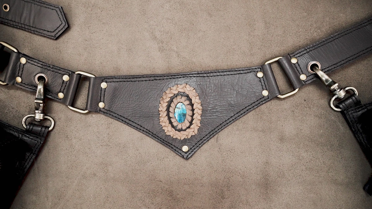 Handmade black leather festival waist bag with Natural Labradorite details