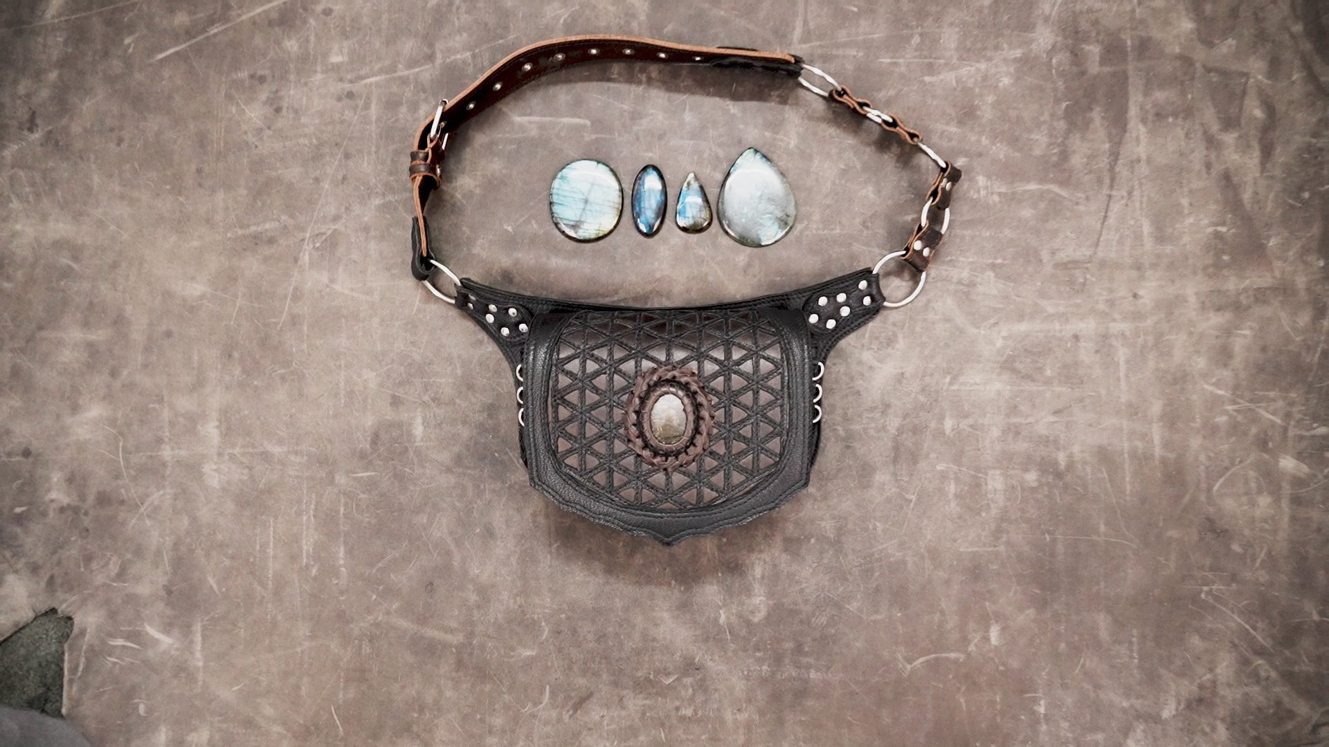 Genuine leather hip belt pouch with natural labradorite stone for festival and travel
