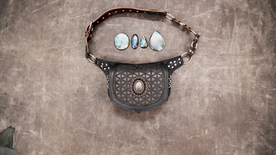 Genuine leather hip belt pouch with natural labradorite stone for festival and travel