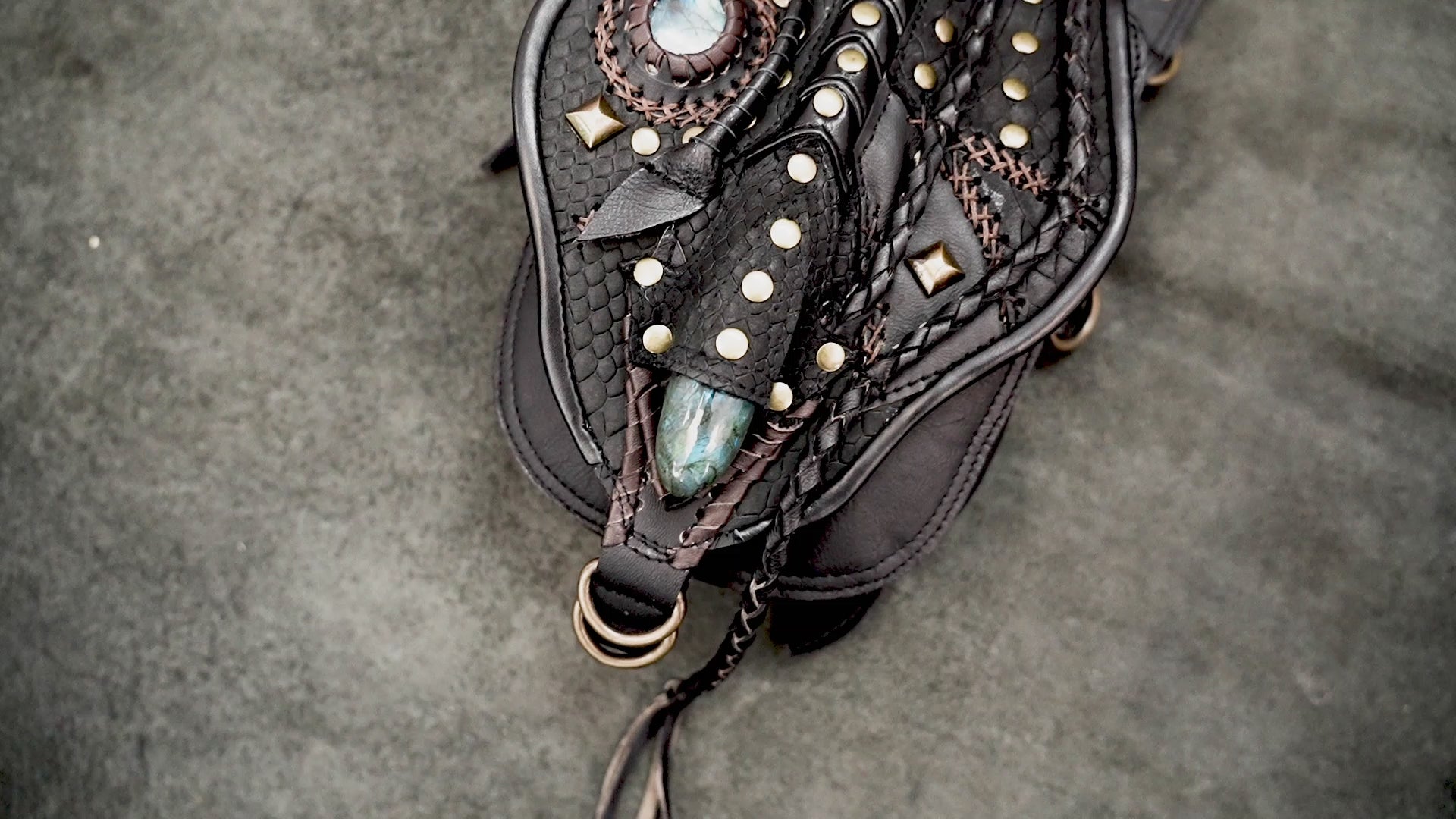 Unisex rave festival harness with twin leather pouches and decorative stone accents
 