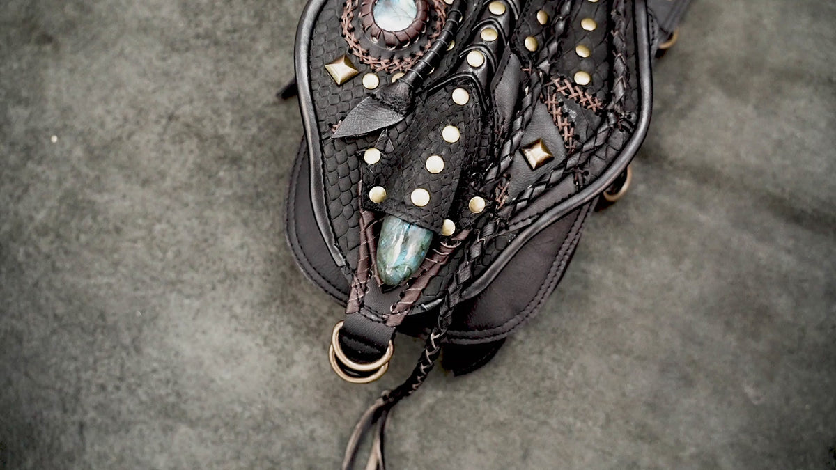 Unisex rave festival harness with twin leather pouches and decorative stone accents
 
