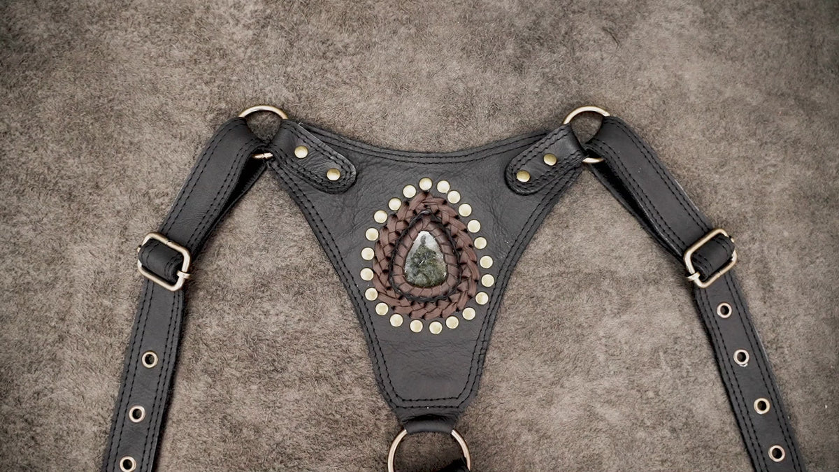 Gothic black leather shoulder pouch with brass hardware and stone