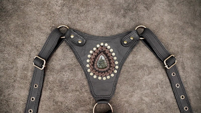 Gothic black leather shoulder pouch with brass hardware and stone