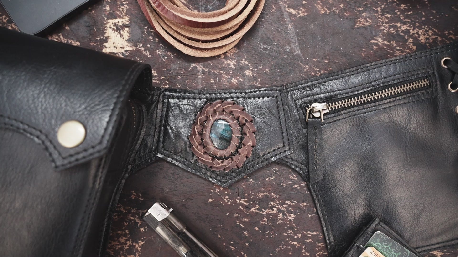 Decorative leather waist holster with zipper and snap pouches