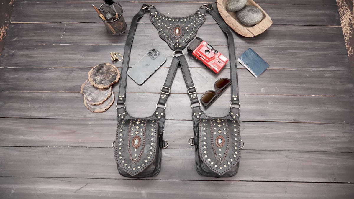 Festival utility leather bags with double pouches and adjustable shoulder-style straps
 