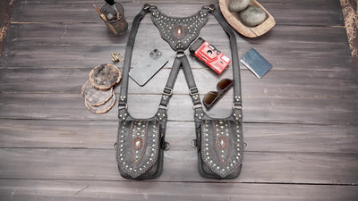 Festival utility leather bags with double pouches and adjustable shoulder-style straps
 