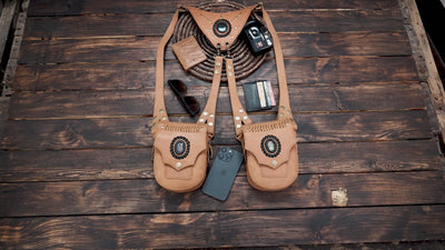 Handcrafted double pouch leather harness set for rave cosplay and festival wear